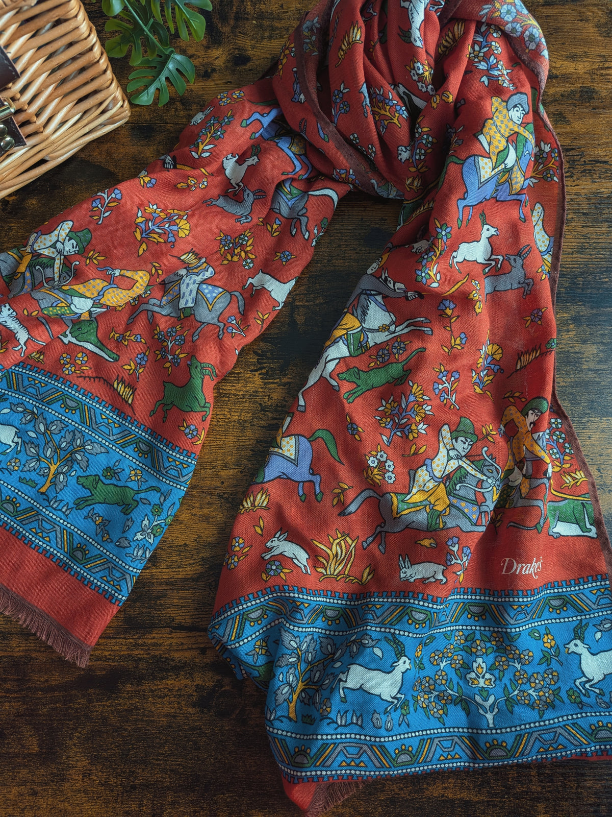 Drake's Orange Blue Mughal Fringed Printed Wool and Silk-Blend Scarf - image 1