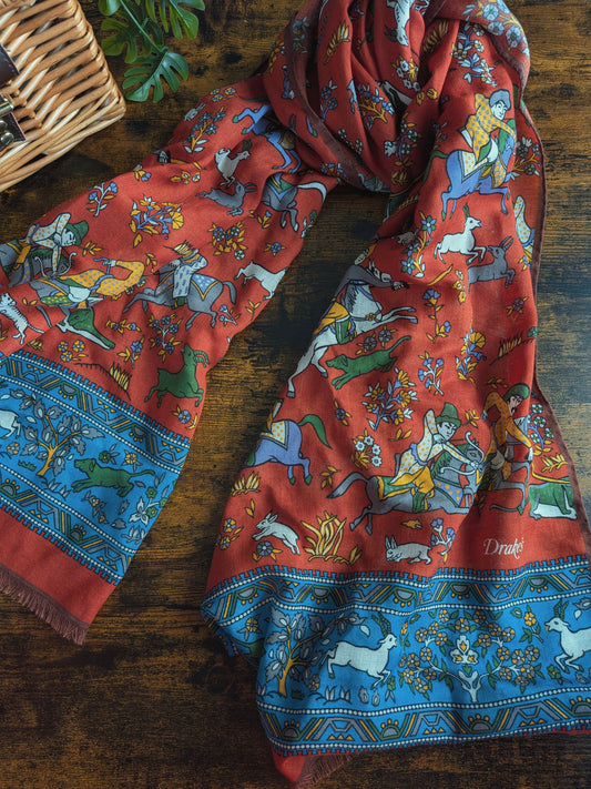 Drake's Orange Blue Mughal Fringed Printed Wool and Silk-Blend Scarf - image 1