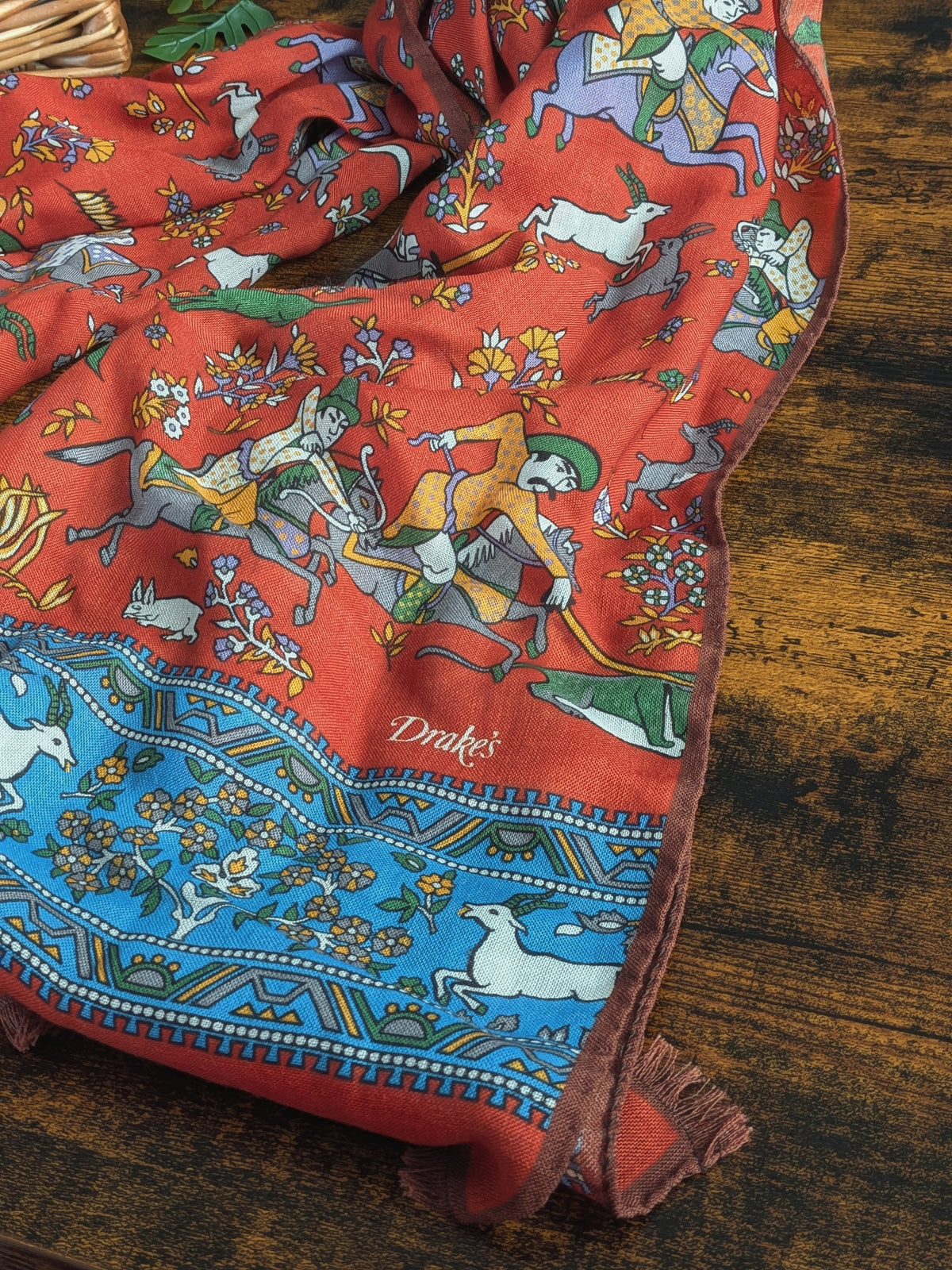 Drake's Orange Blue Mughal Fringed Printed Wool and Silk-Blend Scarf - image 2