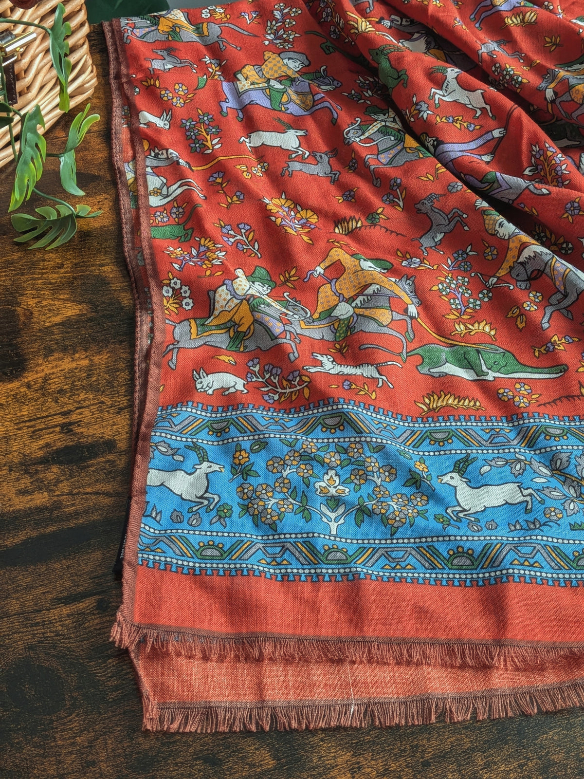 Drake's Orange Blue Mughal Fringed Printed Wool and Silk-Blend Scarf - image 4