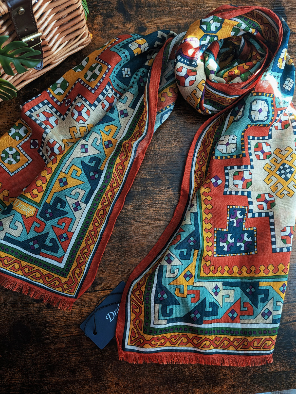 Drake's Orange Kilim Print Wool-Silk Long Scarf - image 1