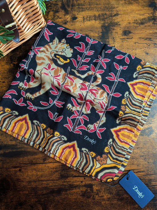 Drake's Pink Tiger Motif Print Wool-Silk Bandana - image 1