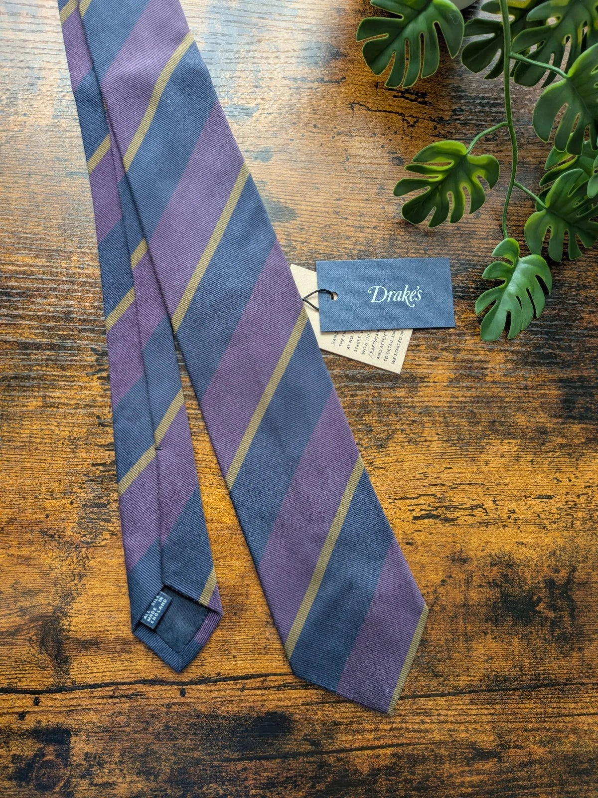 Drake's purple mastard navy handmade striped silk tie product image