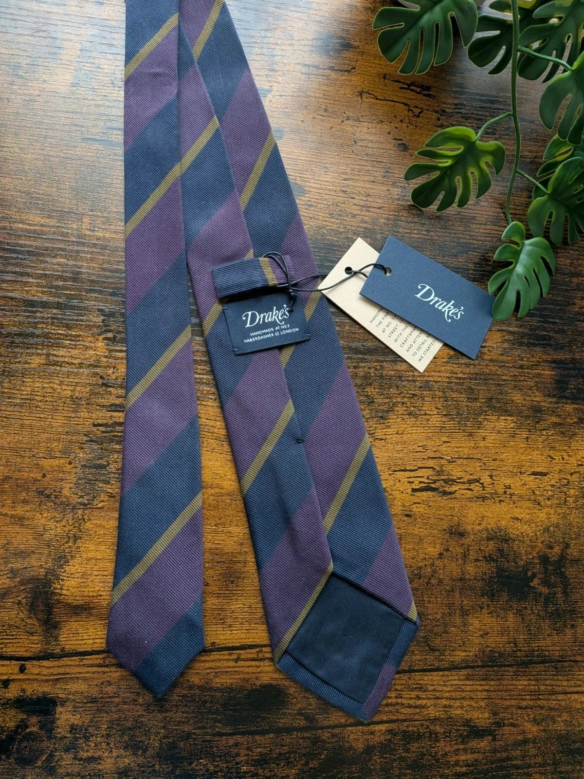 Drake's purple mastard navy handmade striped silk tie detail view 2