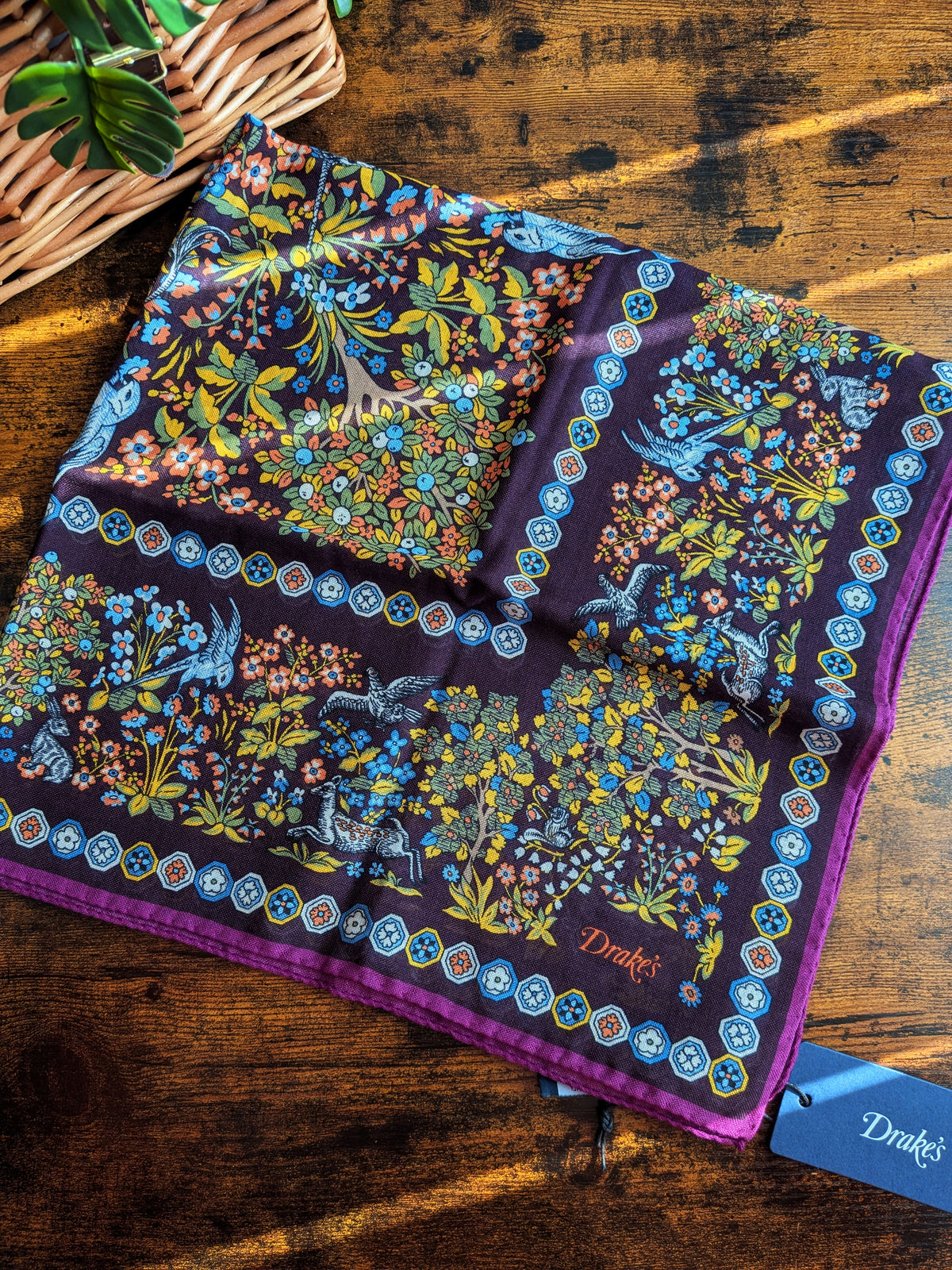 Drake's Purple Mythical Forest Print Wool-Silk Bandana - image 1