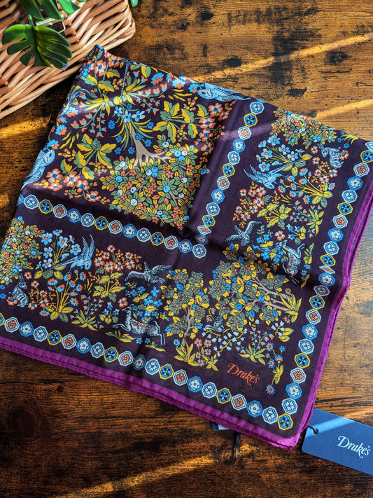 Drake's Purple Mythical Forest Print Wool-Silk Bandana - image 1