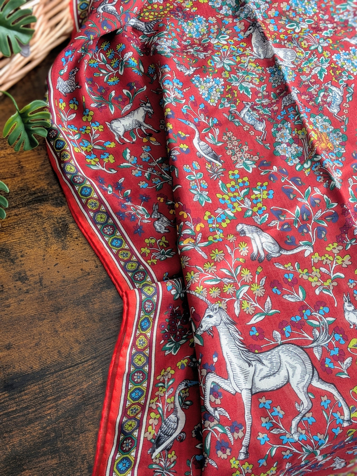 Drake's Red Forest Animals Flower Border Wool-Silk Scarf - image 1
