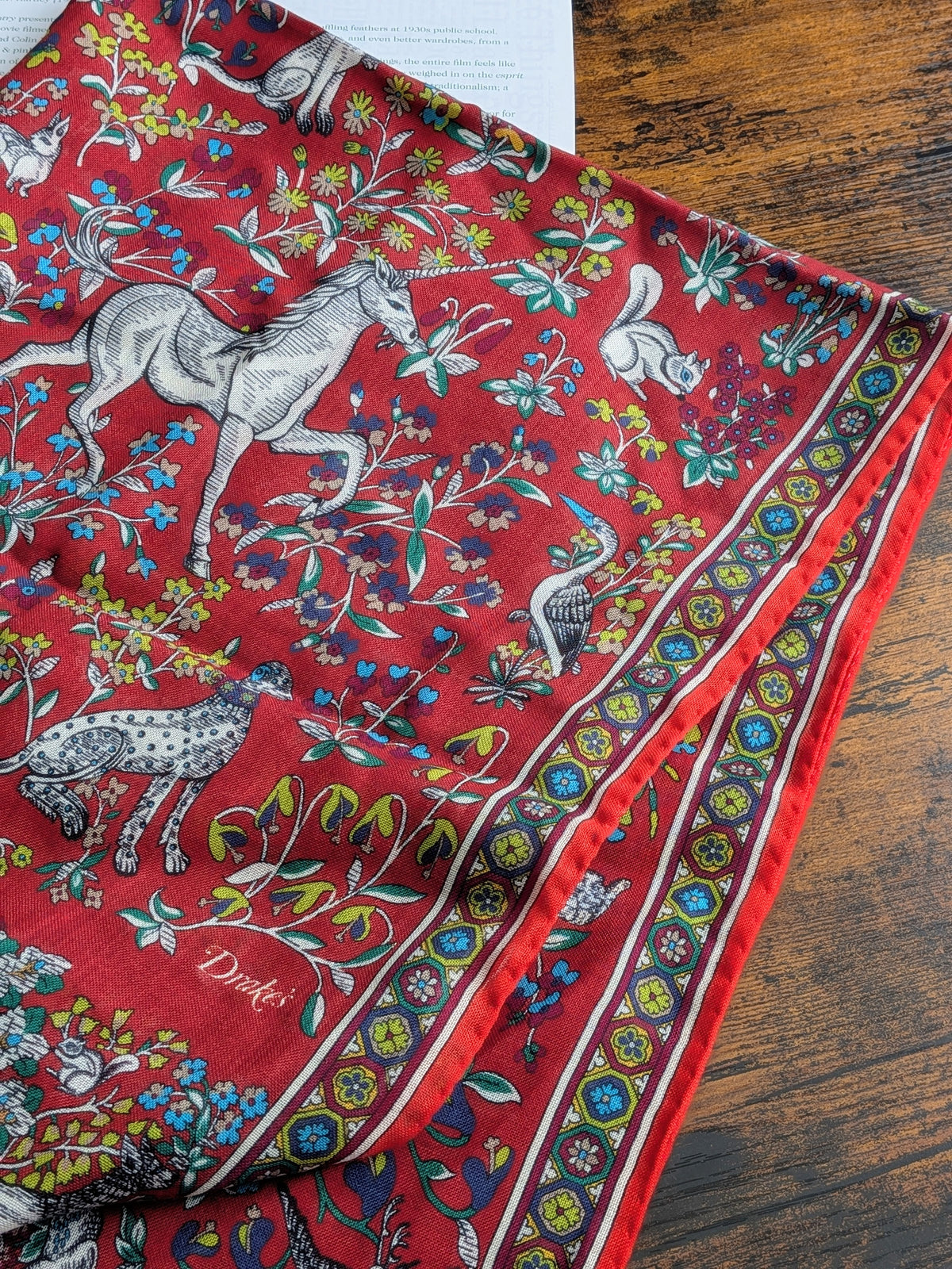 Drake's Red Forest Animals Flower Border Wool-Silk Scarf - image 2