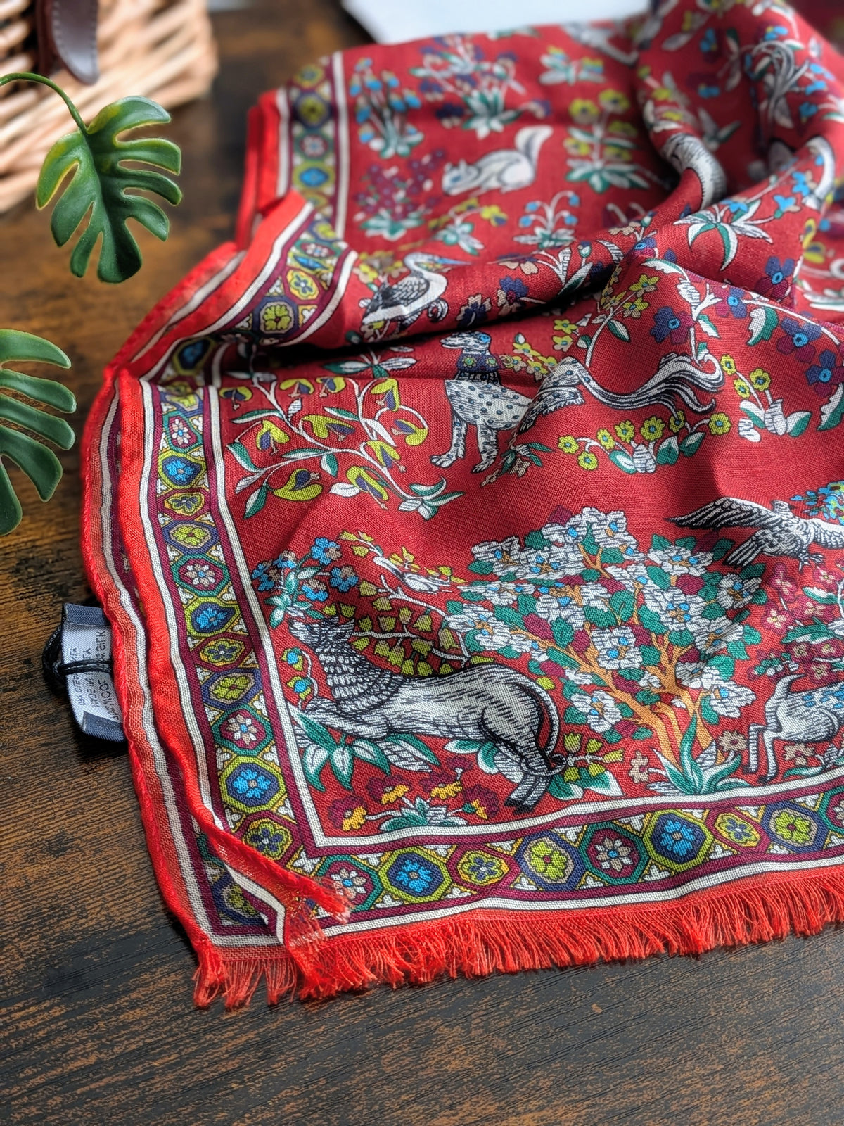 Drake's Red Forest Animals Flower Border Wool-Silk Scarf - image 4