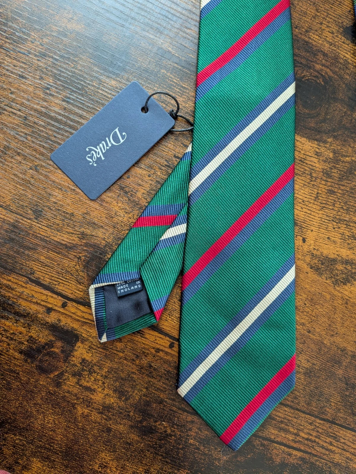 Drake's red green multicoloured striped handmade silk cotton tie product image