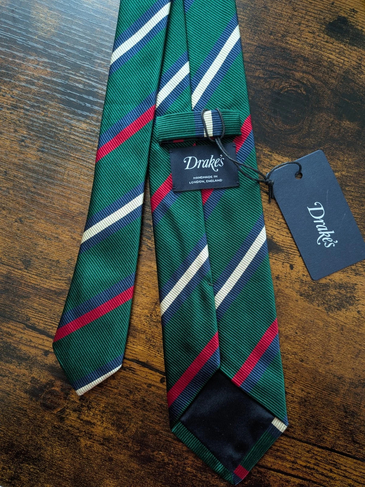 Drake's red green multicoloured striped handmade silk cotton tie detail view 2