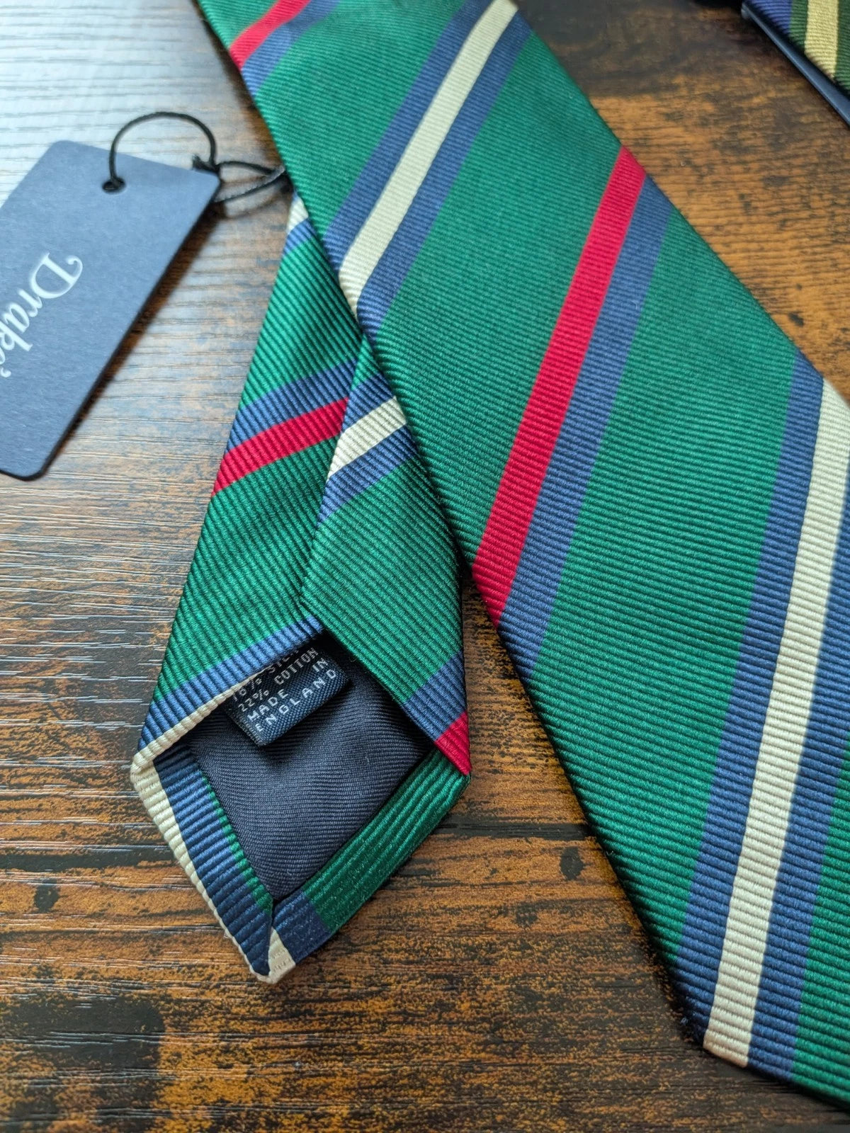 Drake's red green multicoloured striped handmade silk cotton tie detail view 3