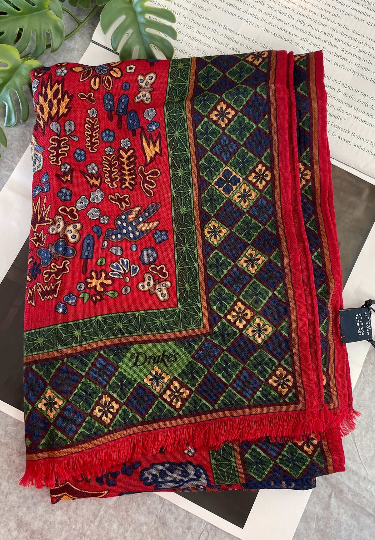 Drake's red green mythical animals print wool silk scarf detail view 2
