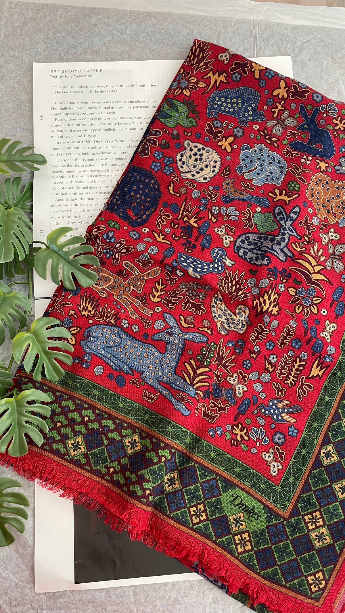 Drake's red green mythical animals print wool silk scarf detail view 3