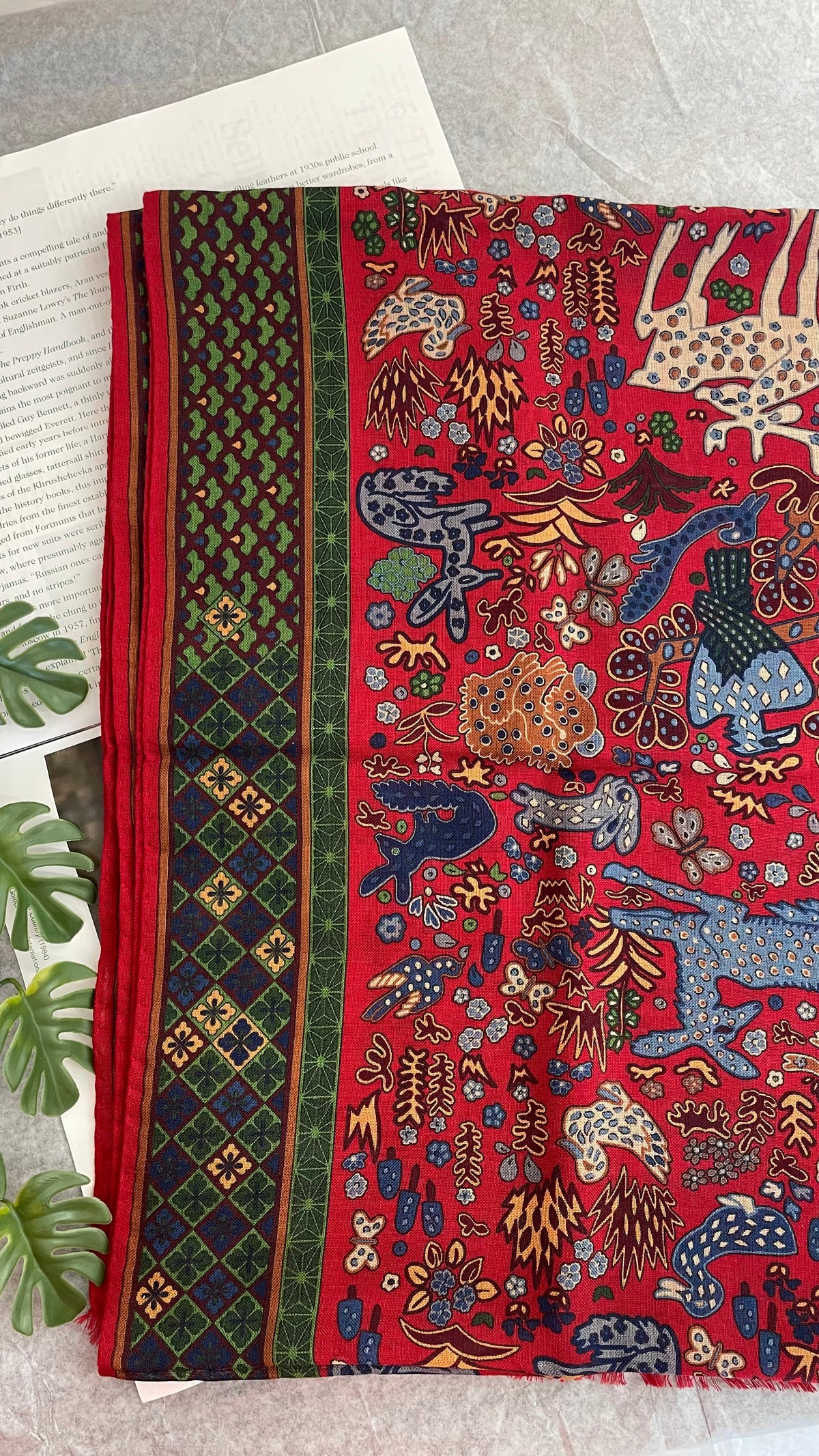 Drake's red green mythical animals print wool silk scarf detail view 4