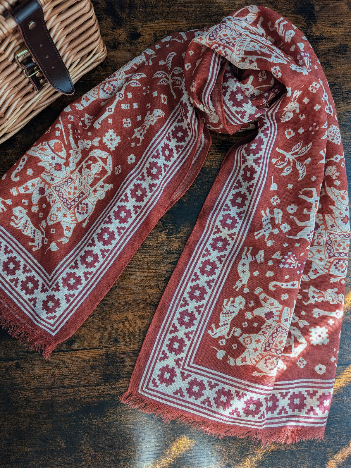 Drake's Red Mughal Elephants Print Wool-Silk Scarf - image 1