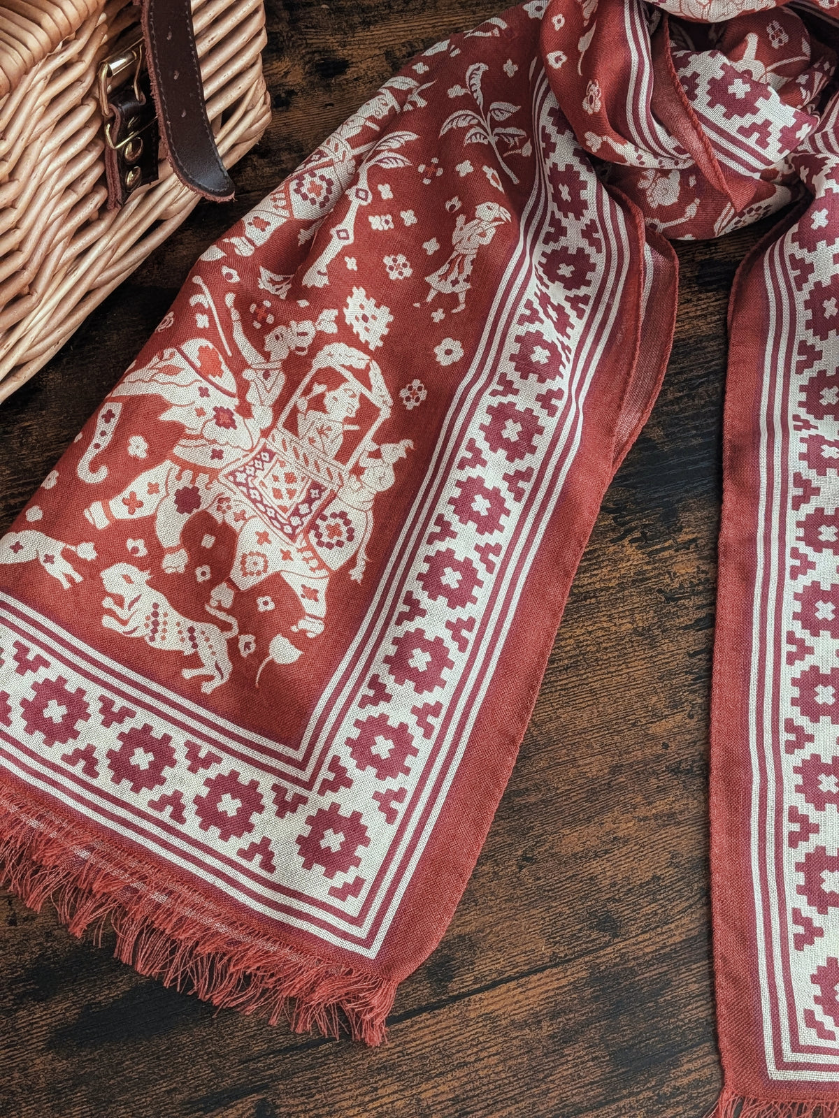 Drake's Red Mughal Elephants Print Wool-Silk Scarf - image 5