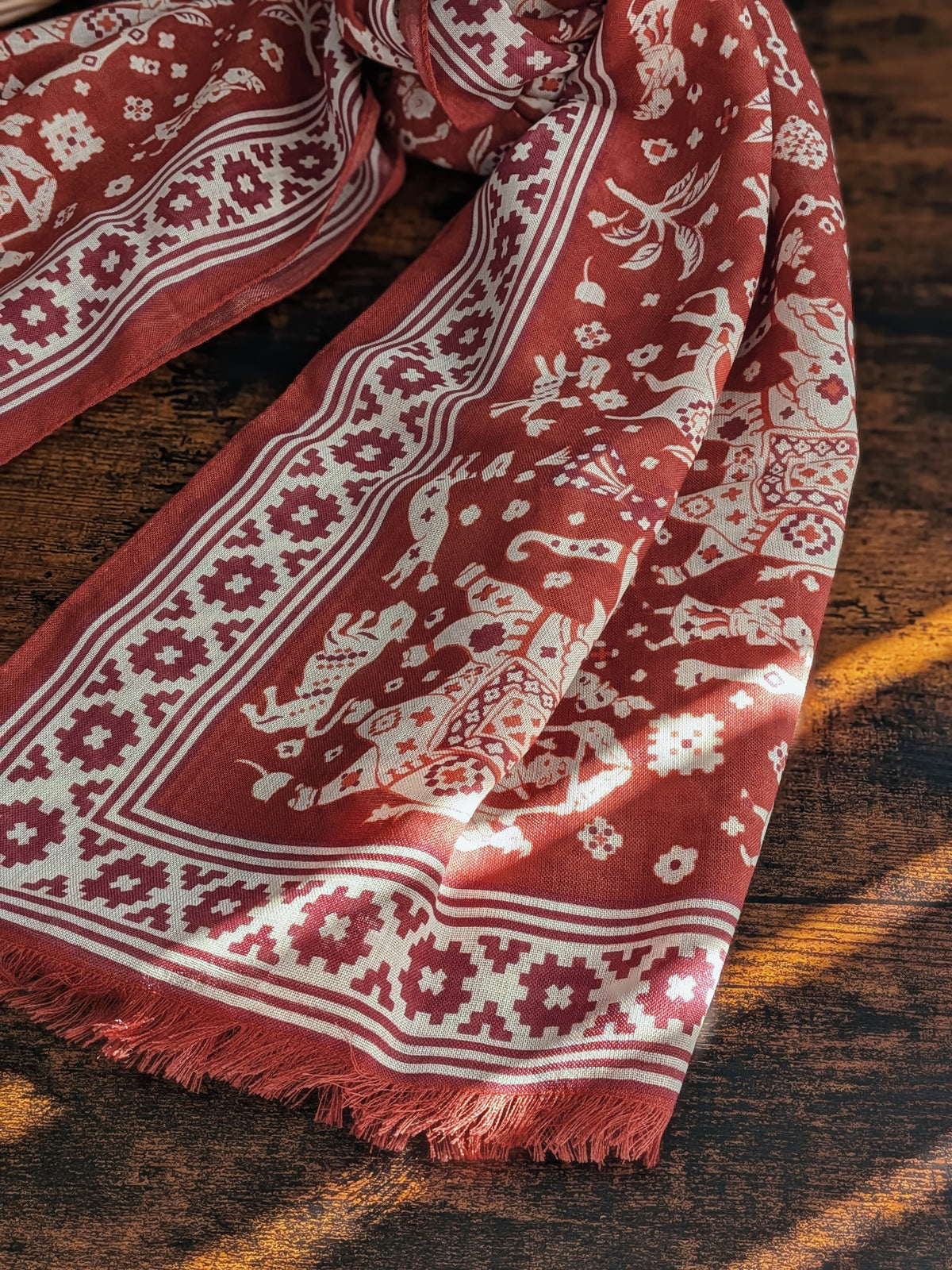 Drake's Red Mughal Elephants Print Wool-Silk Scarf - image 6