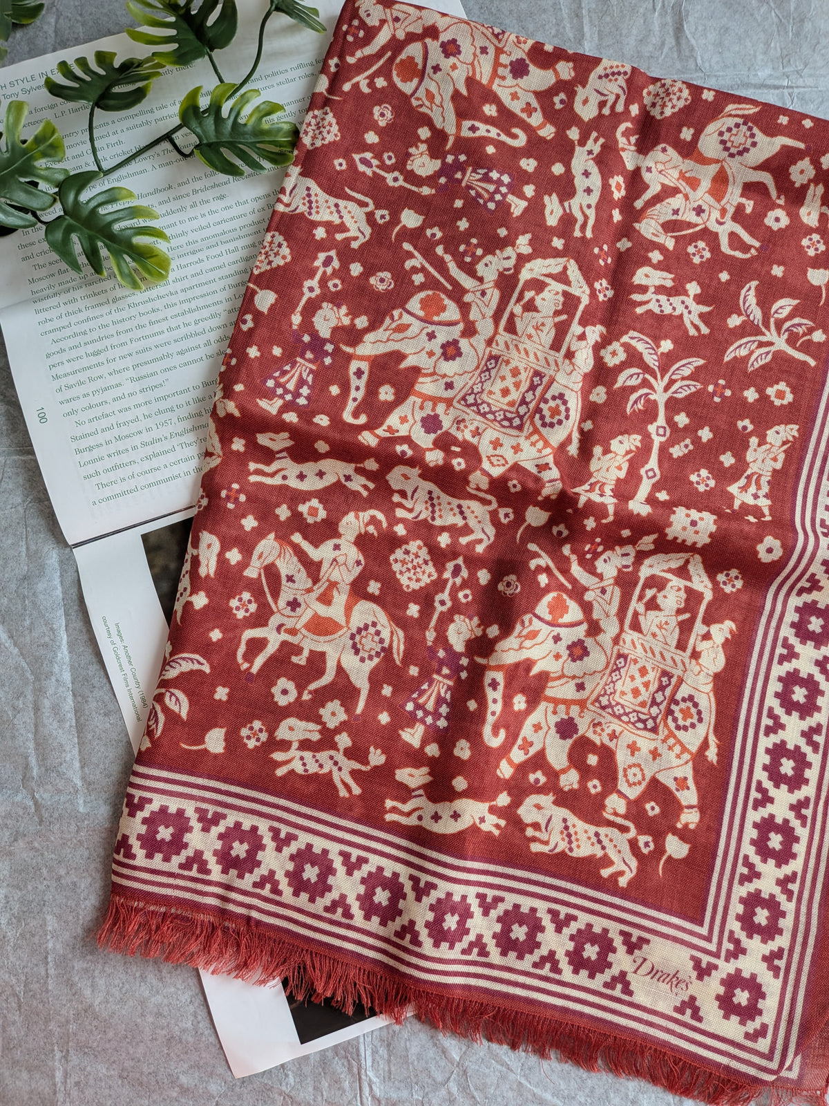 Drake's Red Mughal Elephants Print Wool-Silk Scarf - image 8