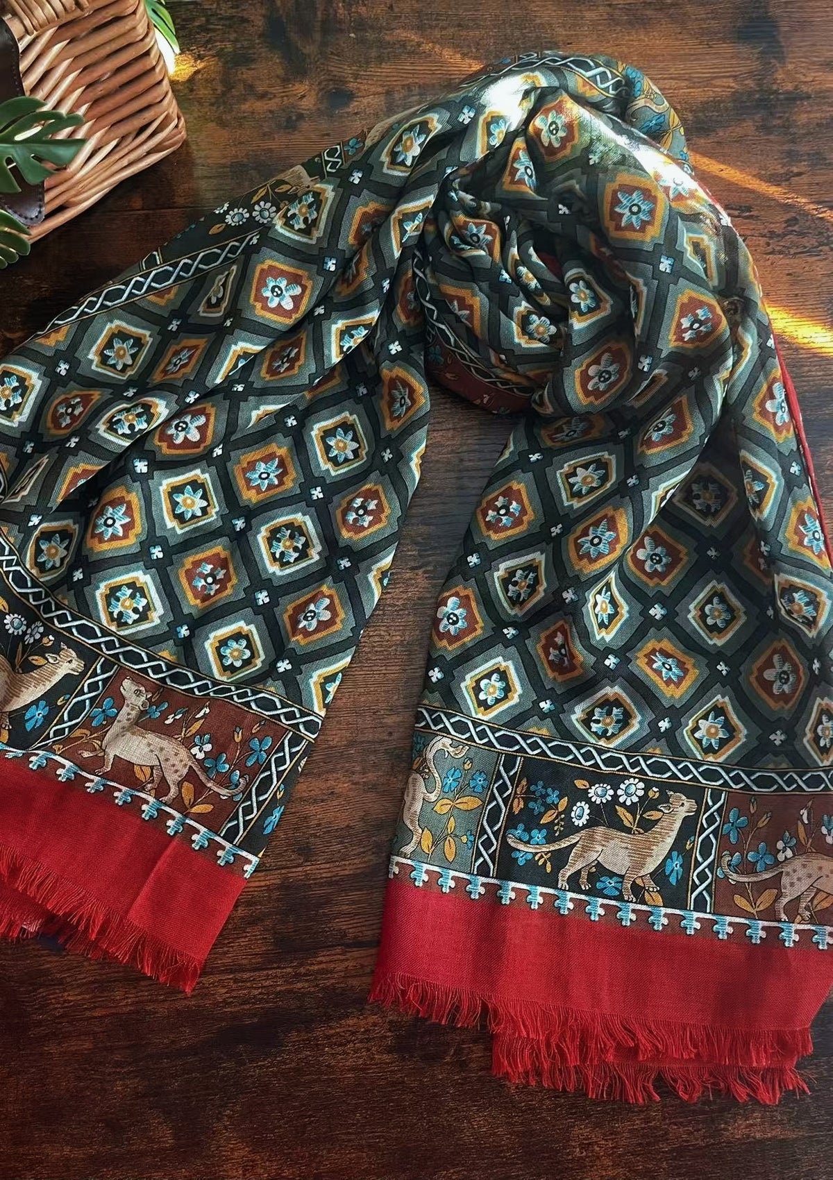 Drake's Red Mythical Animals Print Wool-Silk Scarf - image 1