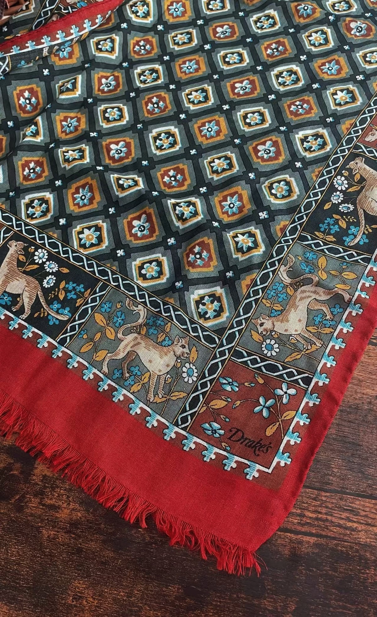Drake's Red Mythical Animals Print Wool-Silk Scarf - image 2
