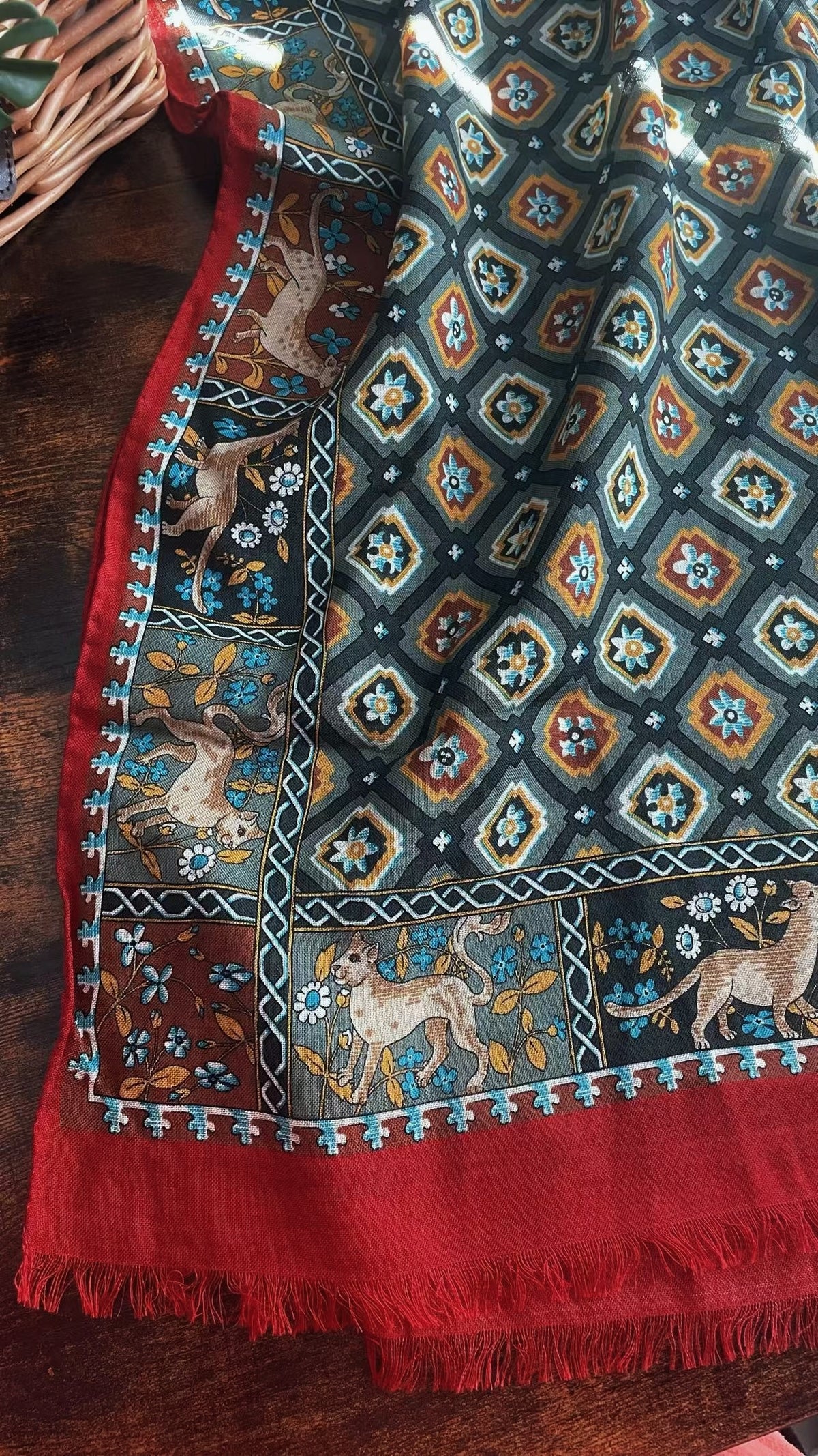 Drake's Red Mythical Animals Print Wool-Silk Scarf - image 3