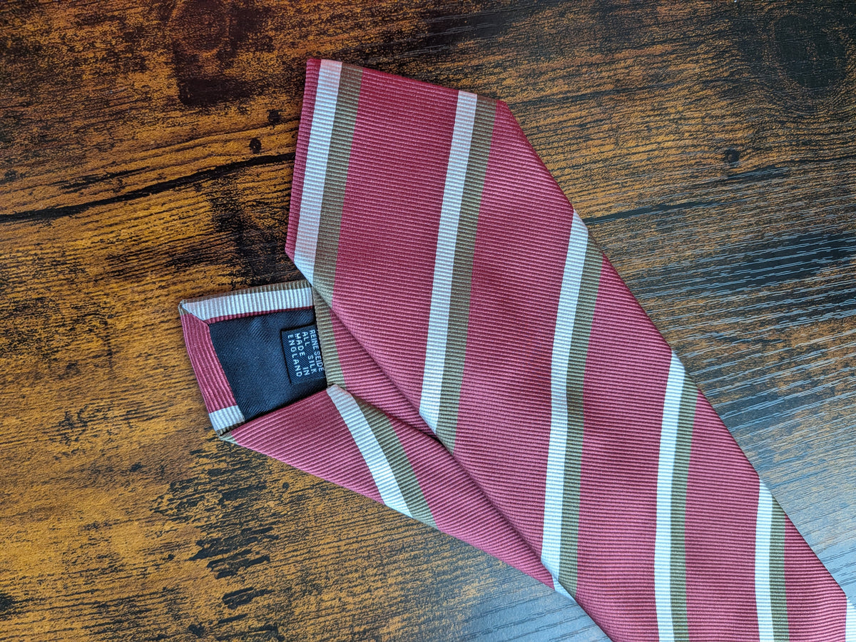 Drake's rusty rose brown white striped handmade silk tie detail view 2