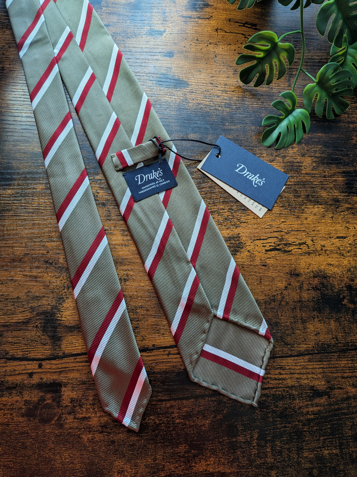 Drake's Sage, Burgundy and White Striped Handmade Silk Tie - image 2