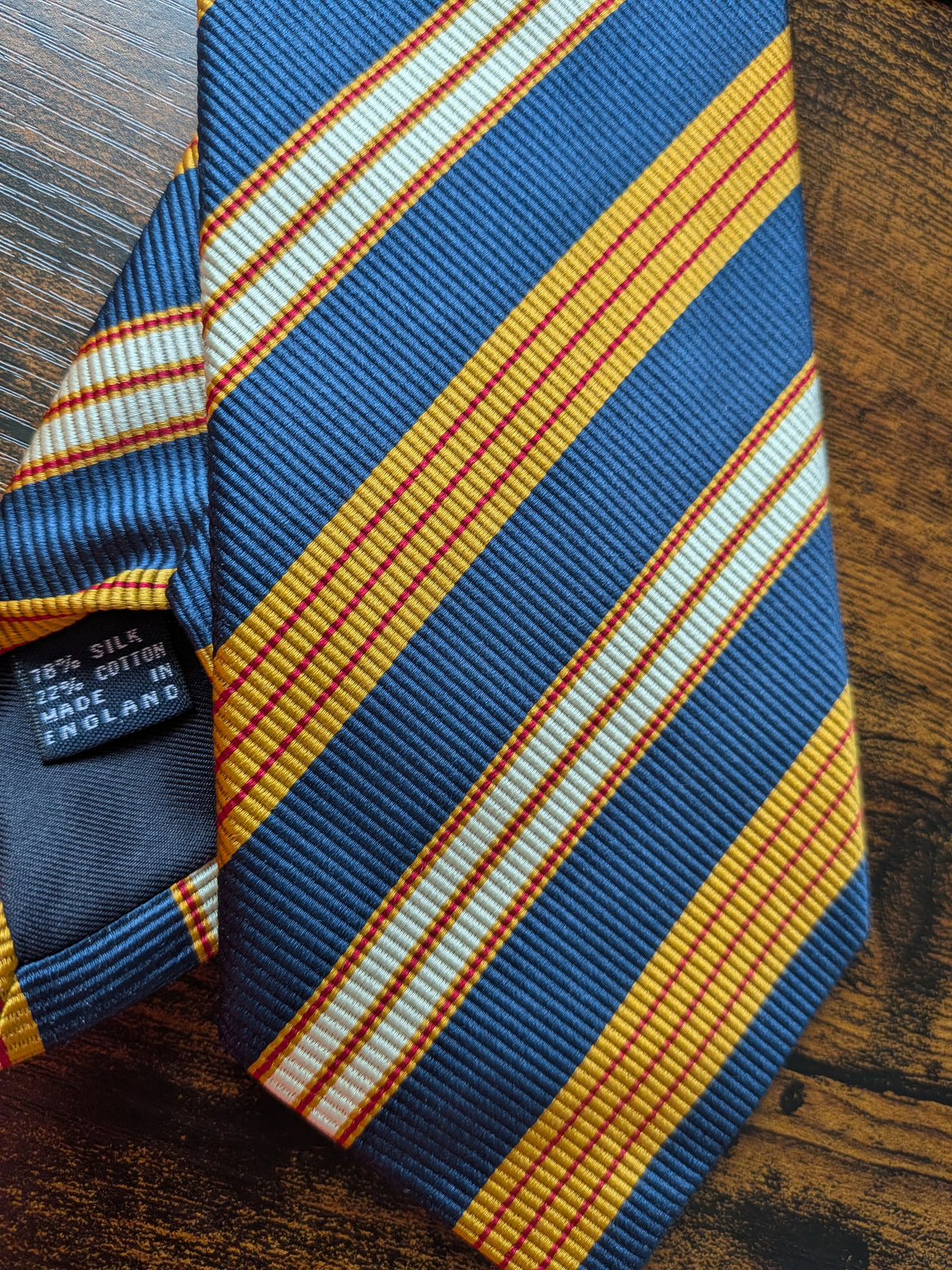 Drake's yellow navy red block striped silk tie detail view 2