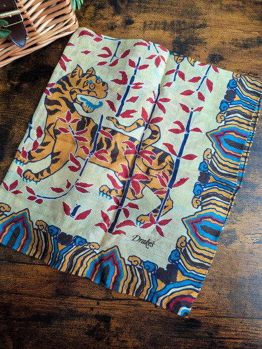 Drake's Yellow Tiger Motif Print Wool-Silk Bandana - image 1