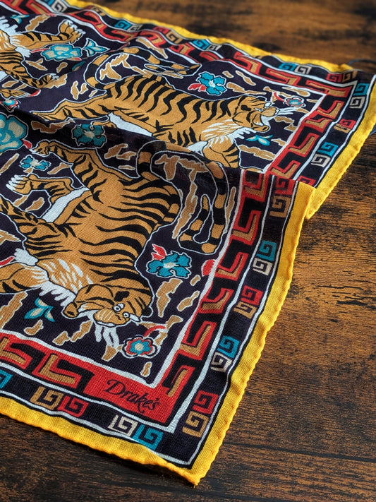 Drake's Yellow Tiger Motif Print Wool-Silk Pocket Square - image 1