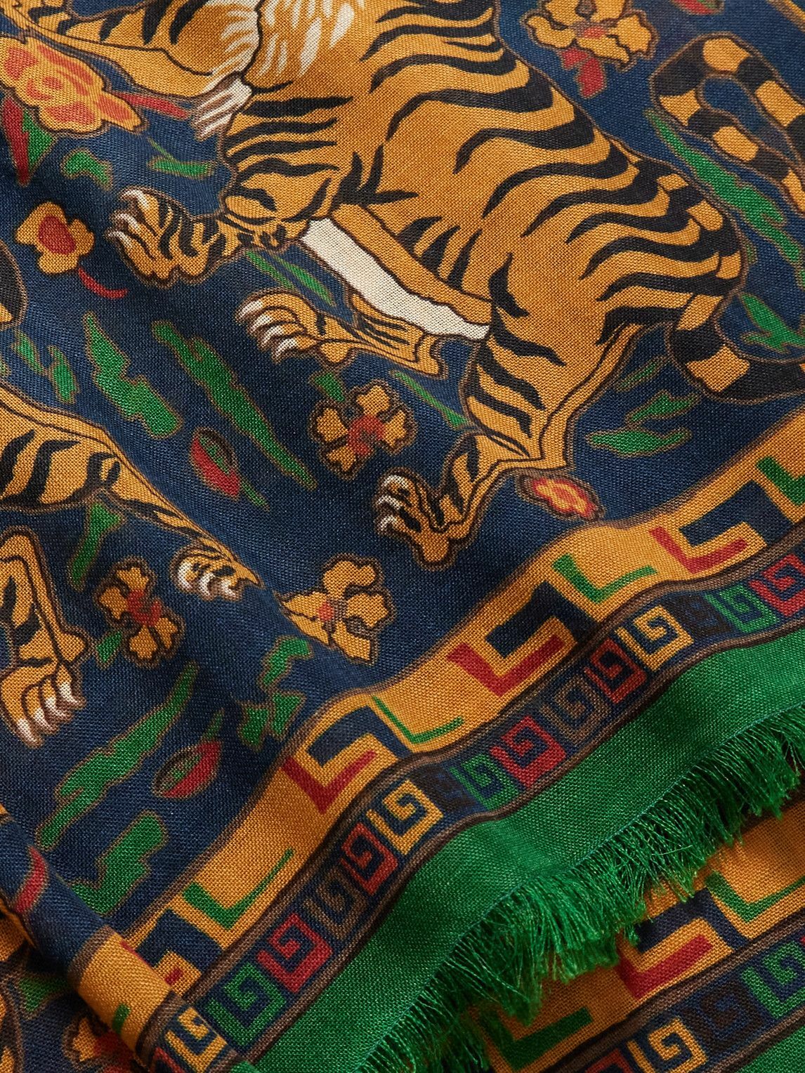 Drake's Green Navy Jumbo Tiger Print Wool-Silk Scarf