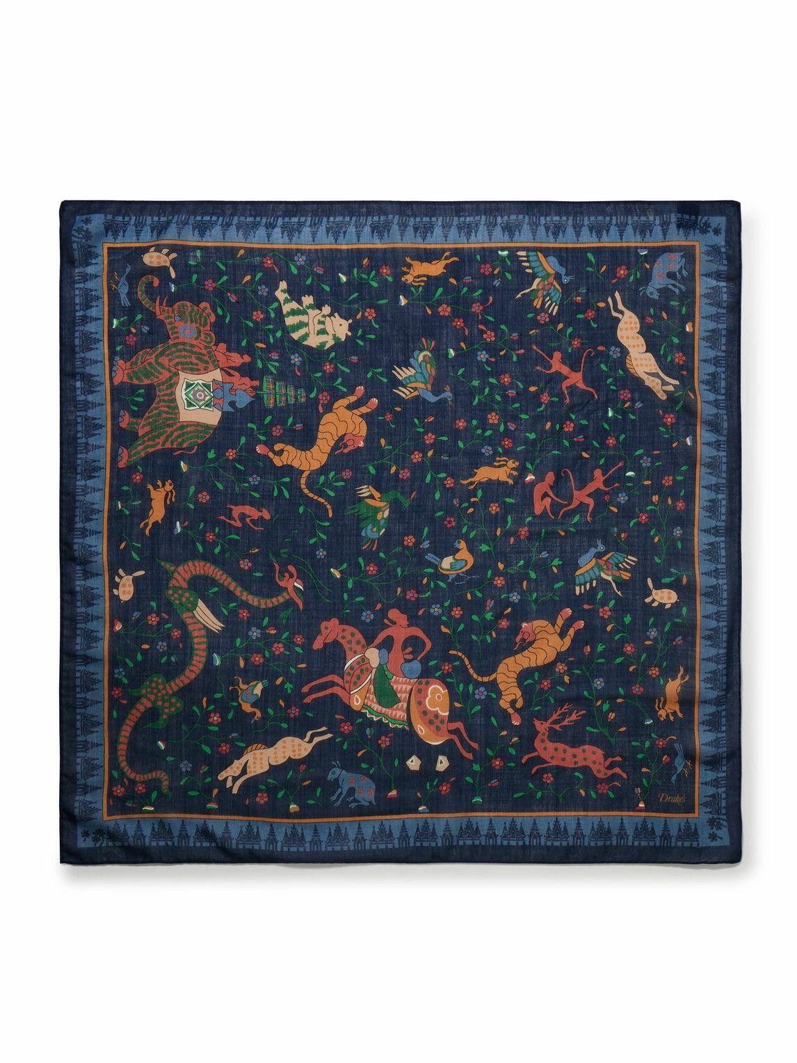 Drake's Navy Mythical Animals Print Wool-Silk Bandana