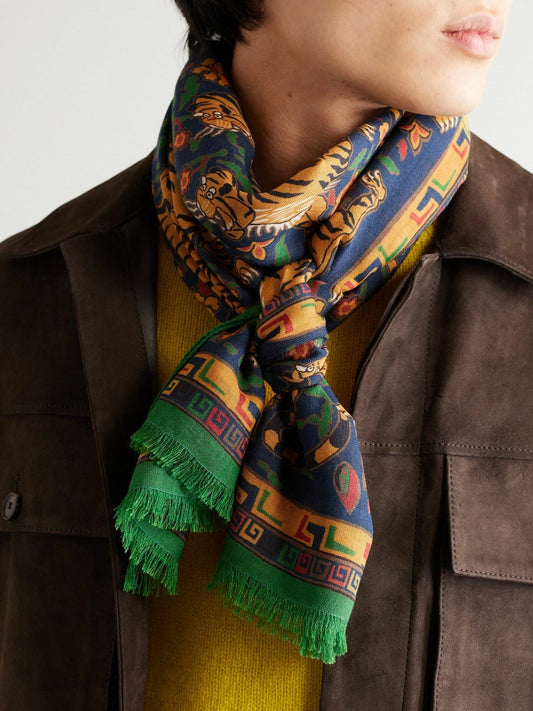 Drake's Green Navy Jumbo Tiger Print Wool-Silk Scarf