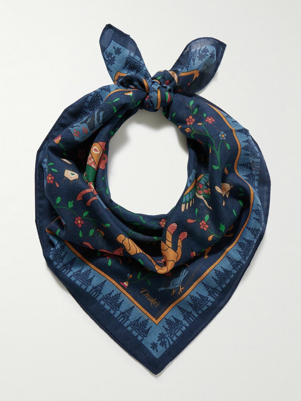 Drake's Navy Mythical Animals Print Wool-Silk Bandana