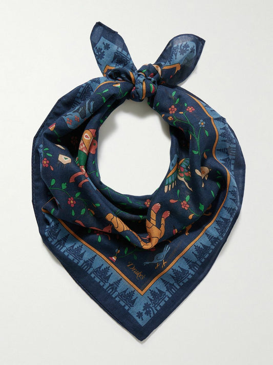 Drake's Navy Mythical Animals Print Wool-Silk Bandana