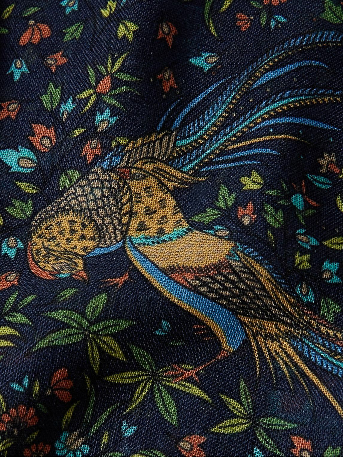 Drake‘s Navy Floral Birds of Paradise Print Wool-Silk Scarf Limited Edition