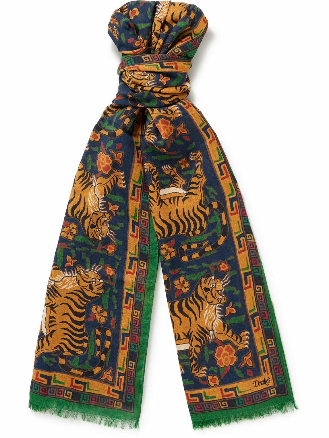 Drake's Green Navy Jumbo Tiger Print Wool-Silk Scarf