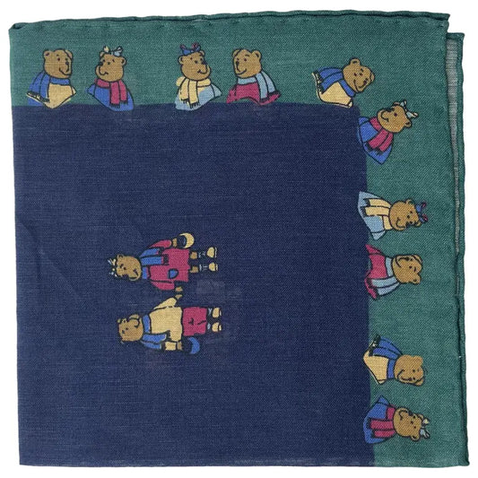 Drakes Linen/Cotton Teddy Bear Print Pocket Square Limited Edition