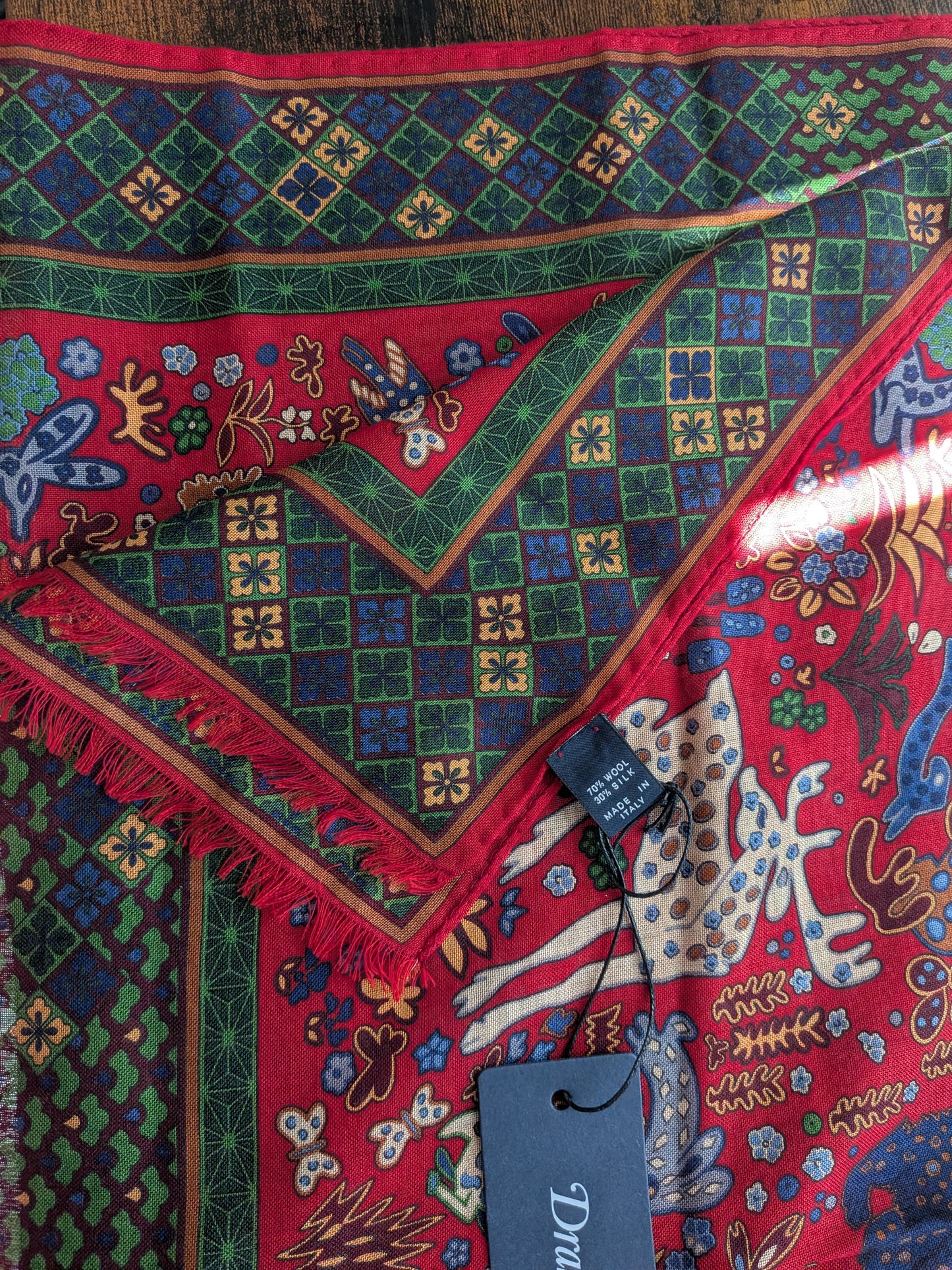 Drake's Red Green Mythical Animals Print Wool Silk Scarf Limited Edition