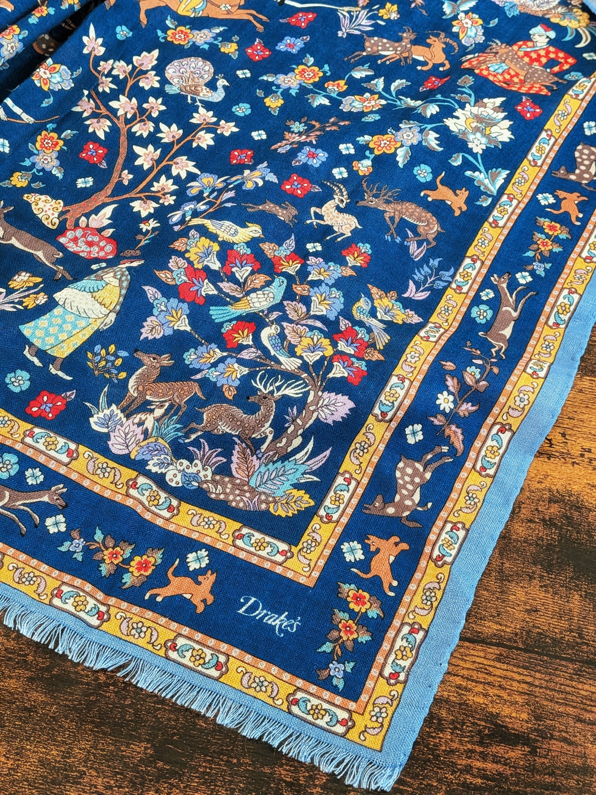Blue Summer Mughal Print Wool Silk Scarf