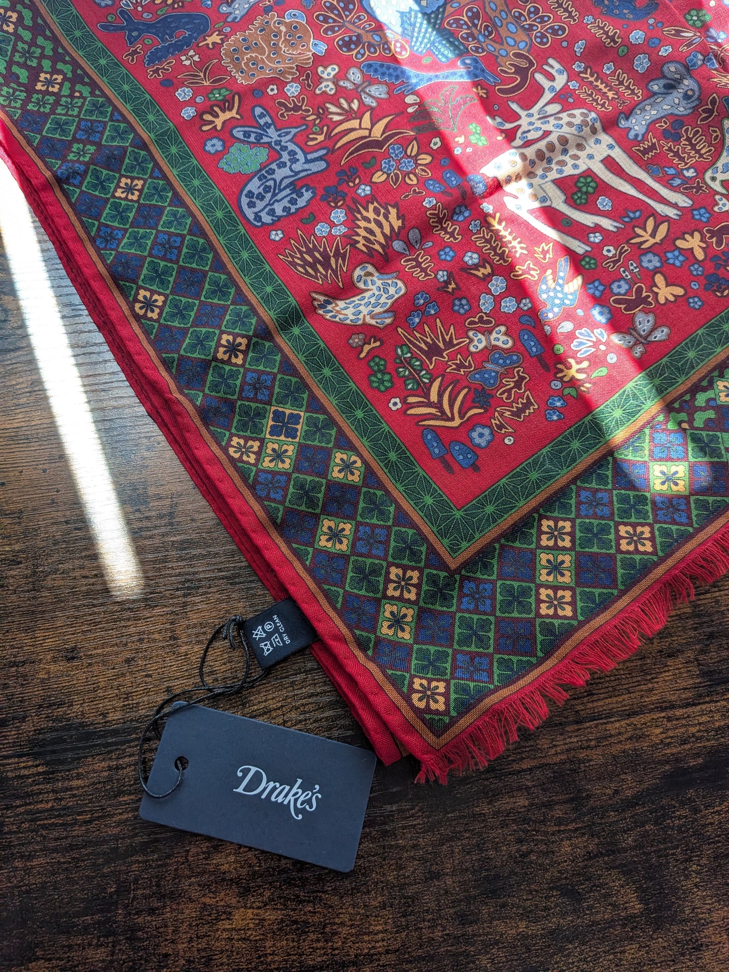 Drake's Red Green Mythical Animals Print Wool Silk Scarf Limited Edition
