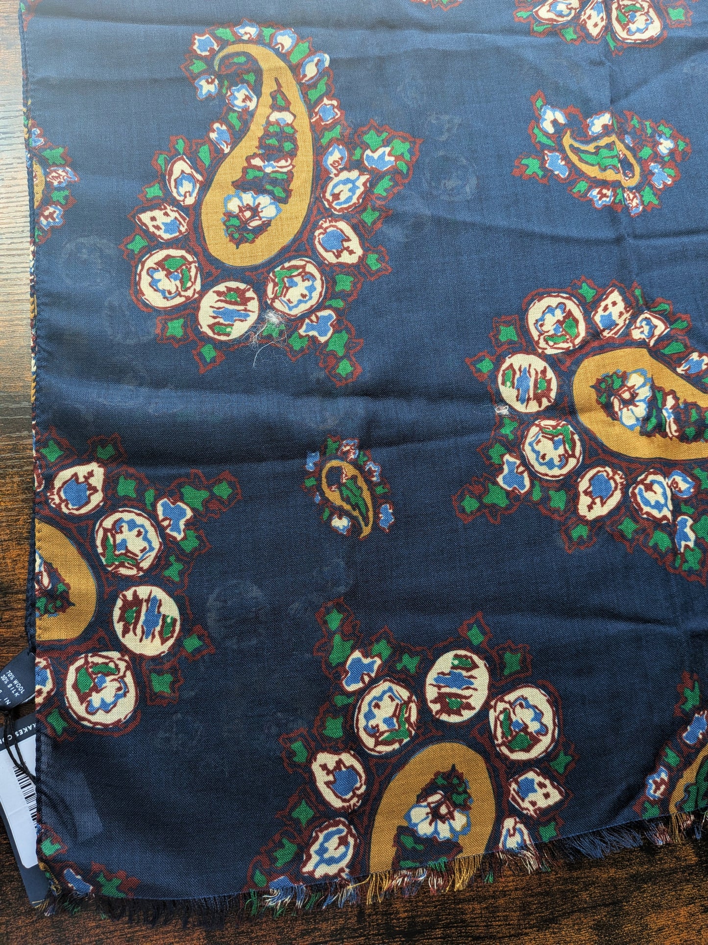 Drake's Navy Large Paisley Wool Silk Print Scarf