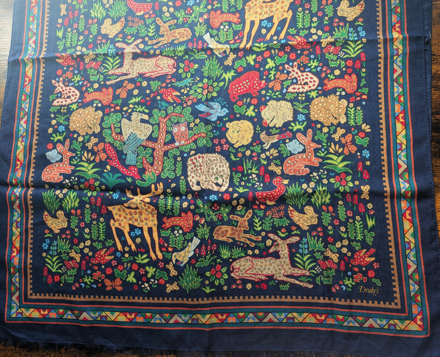 Drake's Navy Mythical Animals Print Wool Silk Scarf Limited Edition
