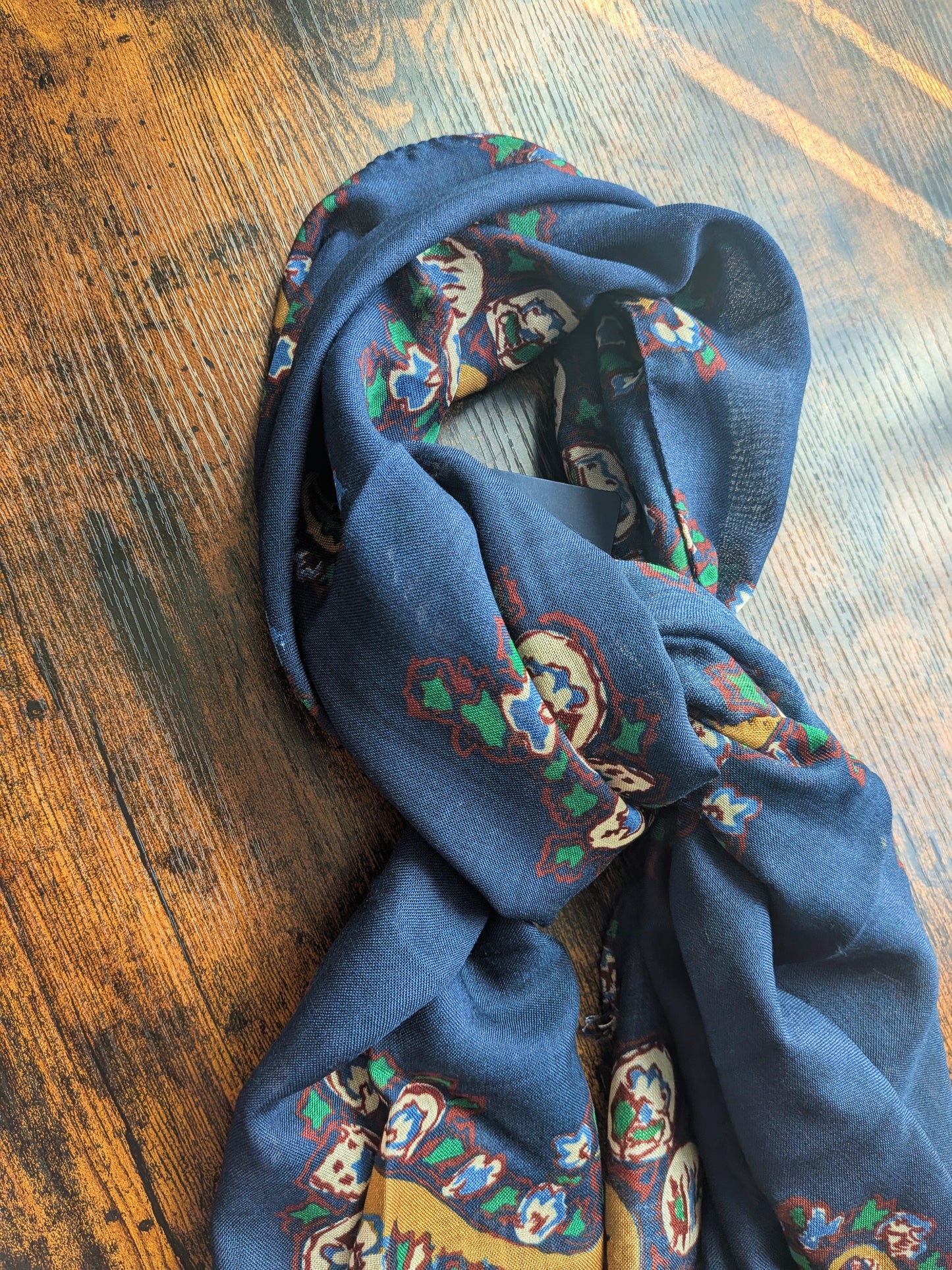 Drake's Navy Large Paisley Wool Silk Print Scarf