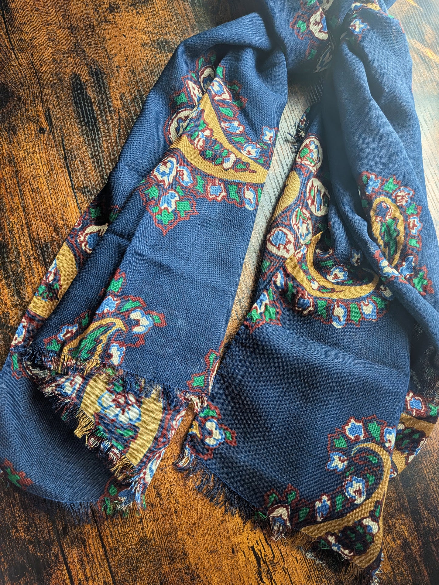 Drake's Navy Large Paisley Wool Silk Print Scarf