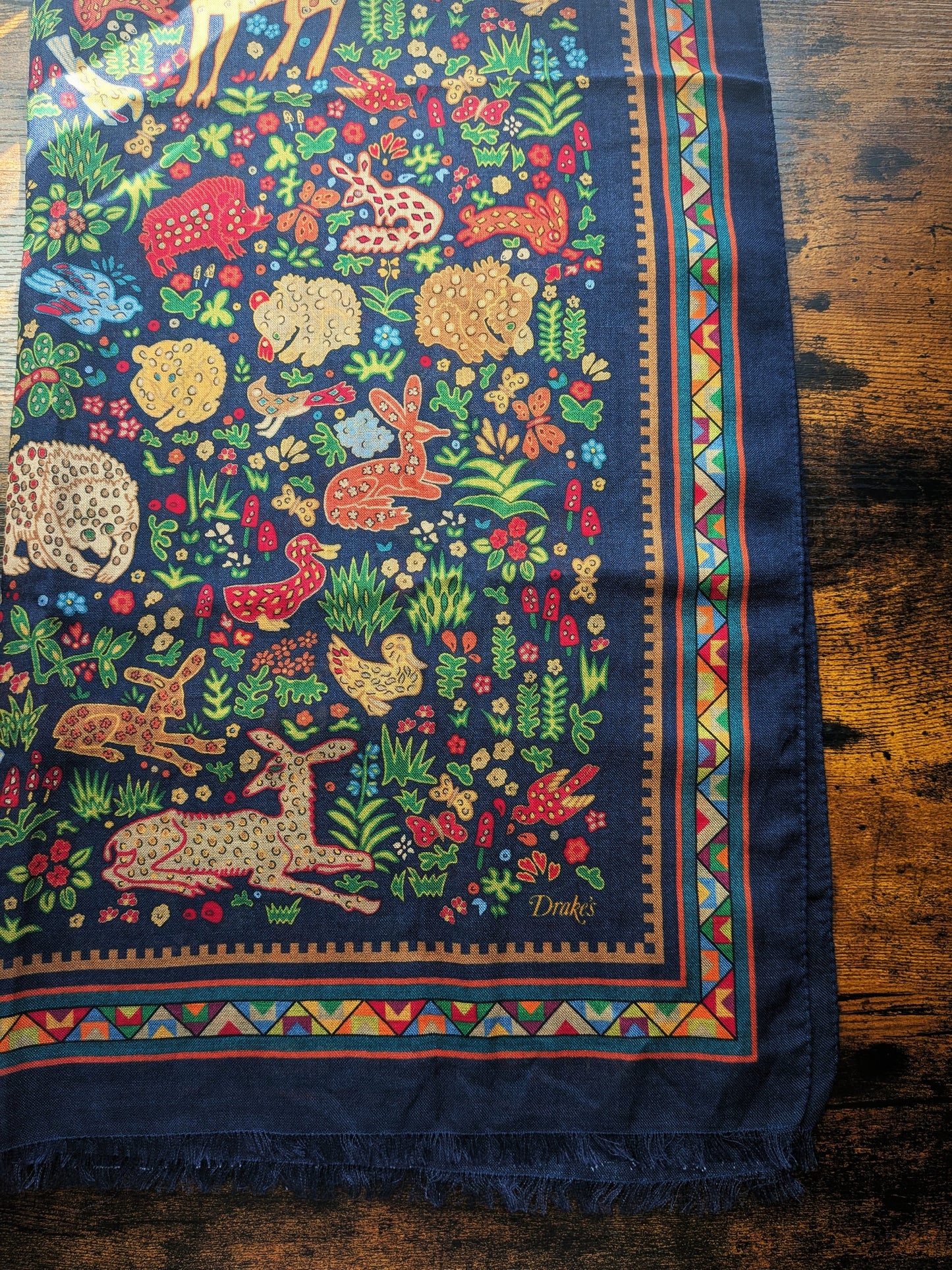 Drake's Navy Mythical Animals Print Wool Silk Scarf Limited Edition