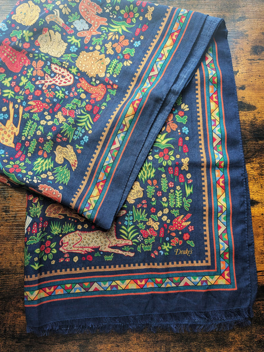 Drake's Navy Mythical Animals Print Wool Silk Scarf Limited Edition