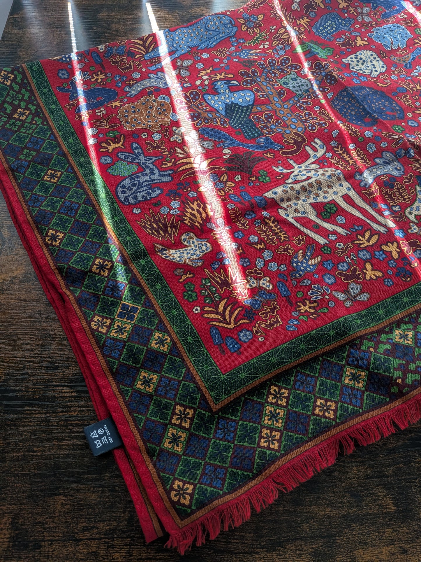 Drake's Red Green Mythical Animals Print Wool Silk Scarf Limited Edition
