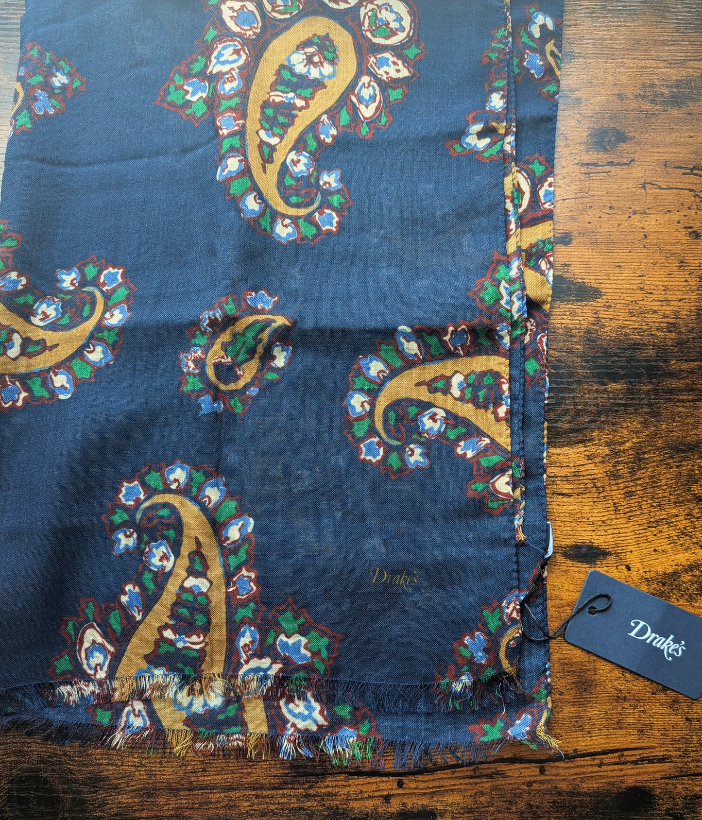 Drake's Navy Large Paisley Wool Silk Print Scarf